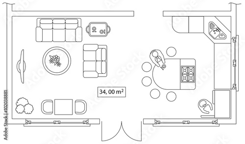 Architectural set of furniture. Interiors elements for house, cottage, office, floor plan. Thin lines icons. Equipment, tables, sofa, people, flowers. Standard size. Vector