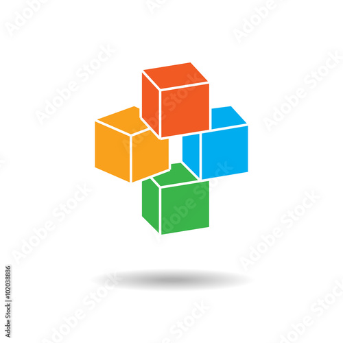 Cube three-dimensional icon. Perspective view. Four blocks composition. Infographics  logo symbol with shadow. Red  green  blue  orange colored. Vector 