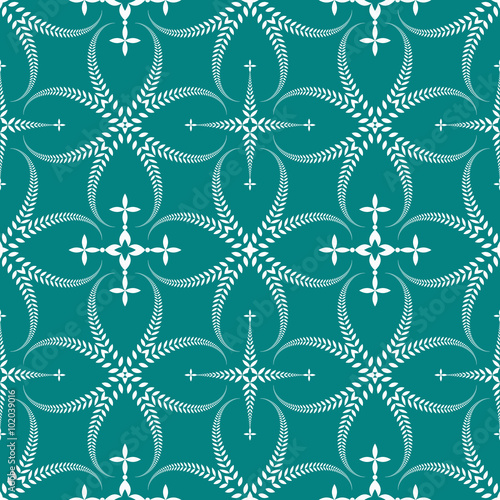 Religion seamless pattern. Laurel wreath, lace view texture with cross. Ceremonial background. Turquoise, white colored. Vector 