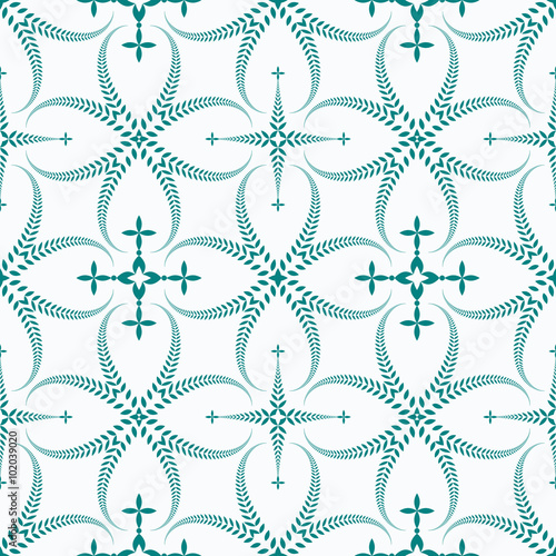 Religion seamless pattern. Laurel wreath, lace view texture with cross. Ceremonial background. Turquoise, white colored. Vector 