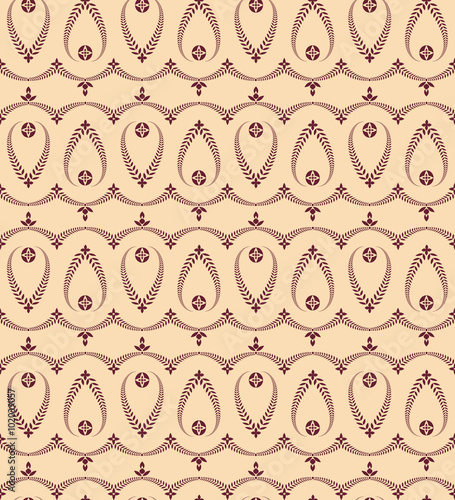 Religion seamless pattern. Laurel wreath, lace view texture with cross. Ceremonial background. Vinous, beige colored. Vector 