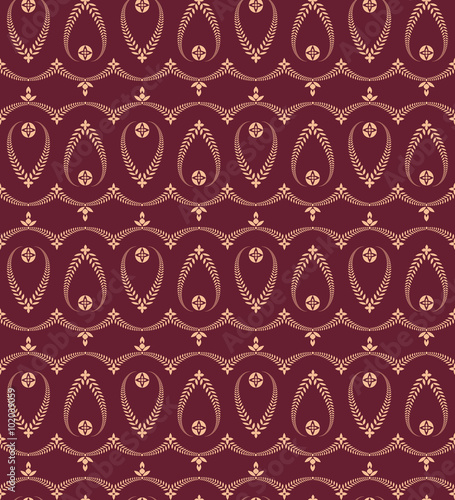 Religion seamless pattern. Laurel wreath, lace view texture with cross. Ceremonial background. Vinous, beige colored. Vector 