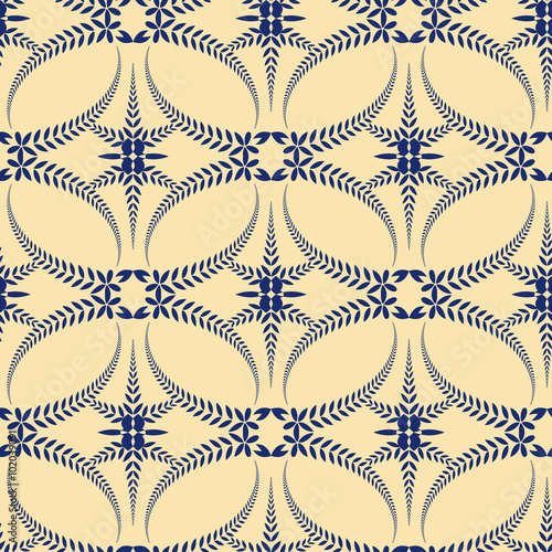 Religion seamless pattern. Laurel wreath, lace view texture with cross. Ceremonial background. Blue, yellow colored. Vector 