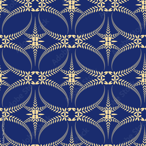 Religion seamless pattern. Laurel wreath, lace view texture with cross. Ceremonial background. Blue, yellow colored. Vector 