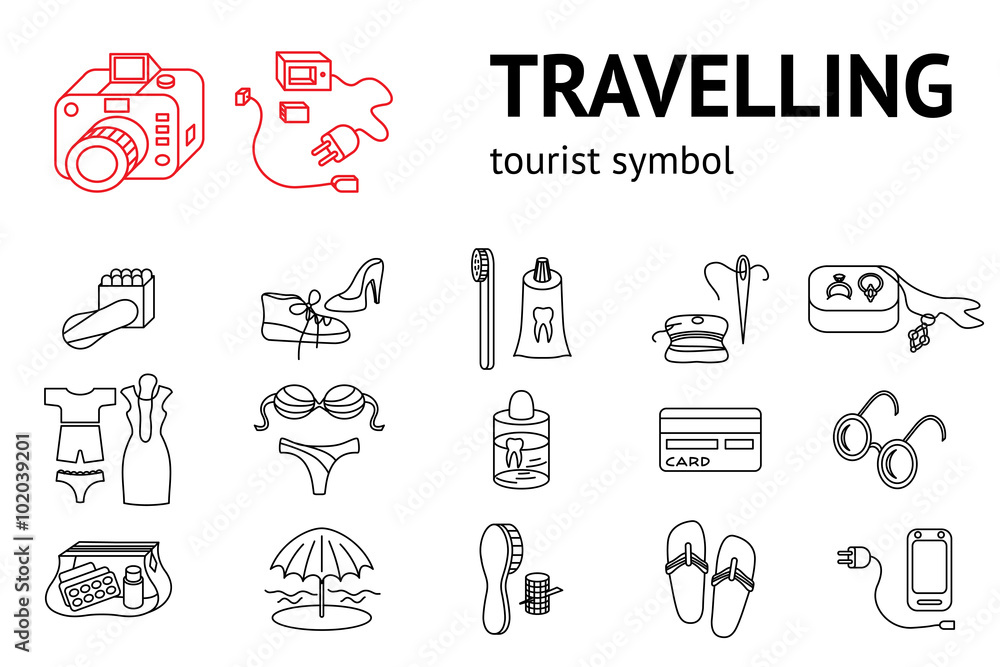 Set of line travel icons. Tourism, trip, vacation accessories symbol. Icons for travaling memo, instruction. Vector isolated