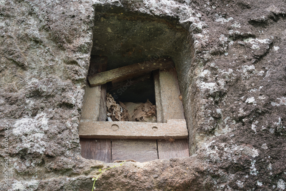 Traditional cave grave carved in the rock at Lemo. Tana Toraja, South Sulawesi, Indonesia Traditional cave grave carved in the rock at Lemo. Tana Toraja, South Sulawesi, Indonesia