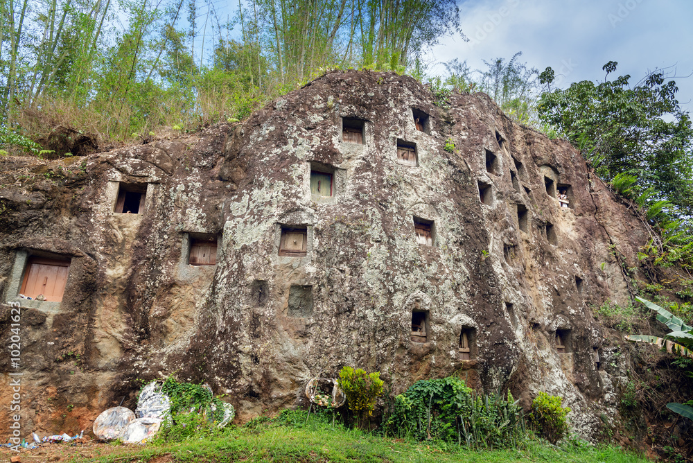Traditional cave graves carved in the rock at Lemo. Tana Toraja, South Sulawesi, Indonesia Traditional cave graves carved in the rock at Lemo. Tana Toraja, South Sulawesi, Indonesia