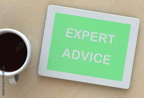 EXPERT ADVICE, message on tablet and coffee on table