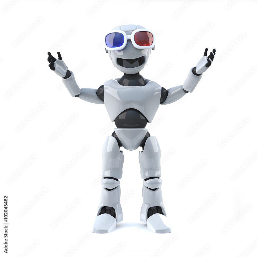 3d Robot watches a 3d movie wearing 3d glasses 3d Robot watches a 3d movie wearing 3d glasses