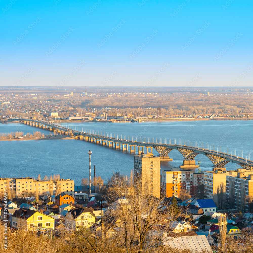 beautiful landscape of river Volga with view bridge on Saratov a