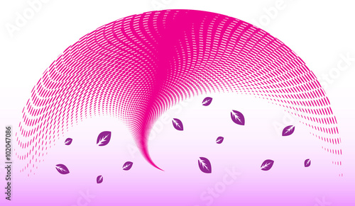 Pink halftone wave with flying leafs from tree