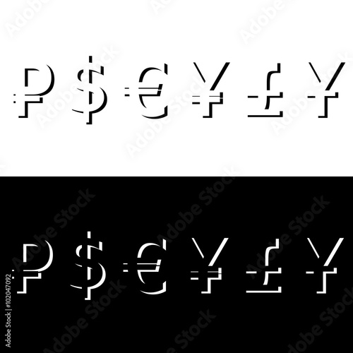 Currency Symbols: dollar, euro, pound, ruble, yuan, yen. Vector illustration