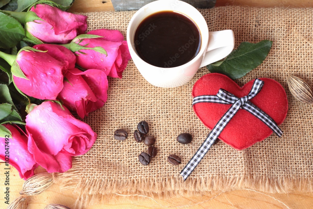 Coffee with coffee beans and red hearts. Coffee with coffee beans and red hearts.
