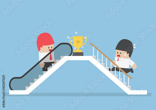 Businessman who use escalator to success and his rival climbing