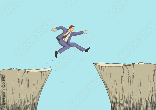 Cartoon illustration of a man jumps from the ravine