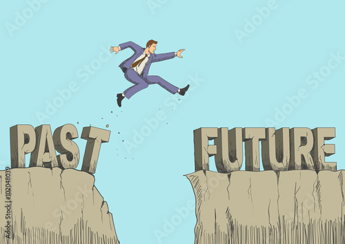 Cartoon illustration of a man jumps from past to future