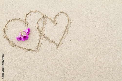 Two hearts with pink flowers on the beach surface background