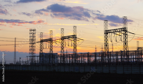 network at transformer station in sunrise, high voltage