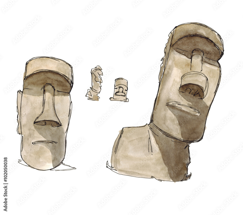 Watercolor Hand drawn sketch of Moai, Easter Island heads isolated on