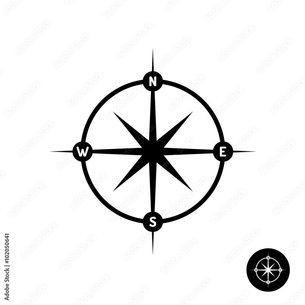 Wind rose star logo with heading letters and circle frame.