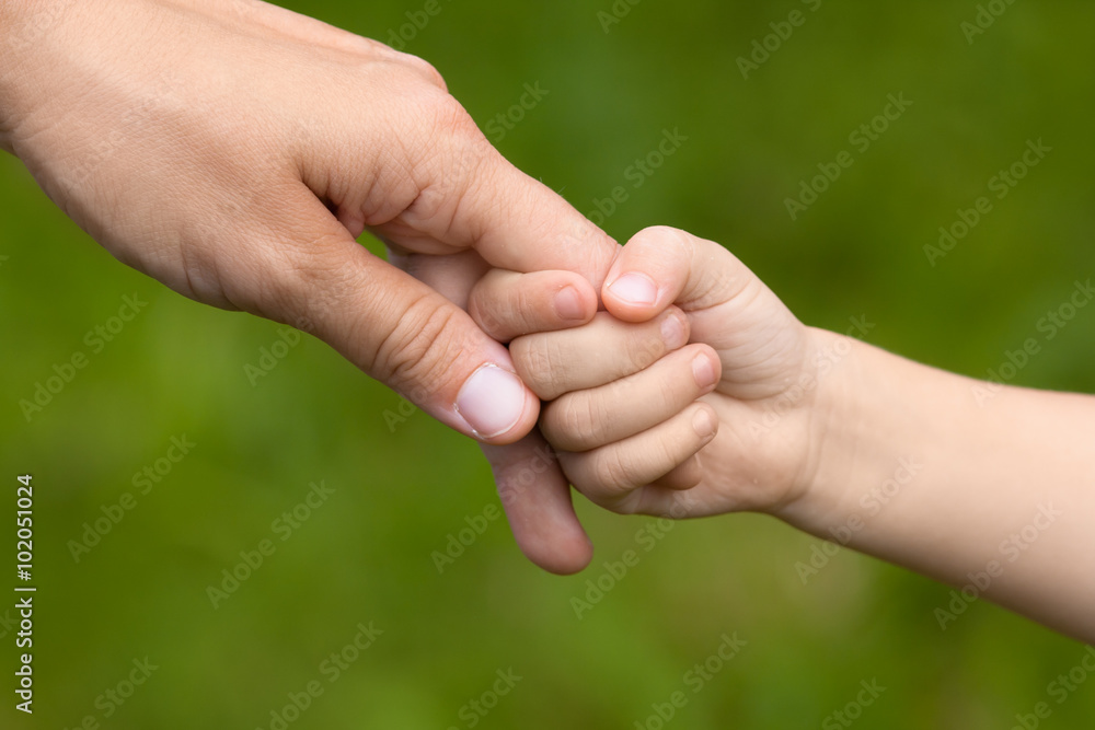 adult holding a hand of child on blurred background adult holding a hand of child on blurred background