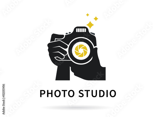 Photographer hands with camera icon or logo template. Flat illustration of lens camera shooting macro image with flash and text ideal photo