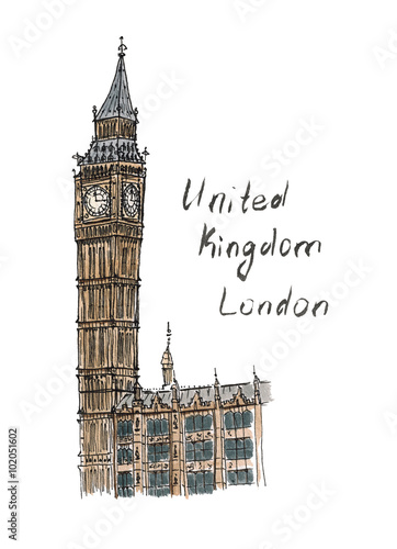 Watercolor Sketch Big Ben United Kingdom London isolated