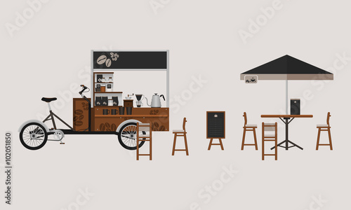 Detailed Outdoor Bicycle Coffee Stand Vector Illustration with Table, Chairs, Menu Display, and Brewing Equipment for Mobile Shop Concept