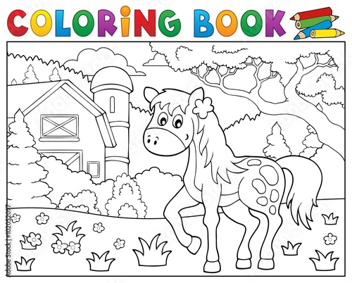 Coloring book horse near farm theme 1