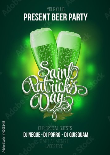 St. Patrick's Day poster. Beer party green background with calligraphy sign and two green beer glasses. Vector illustration