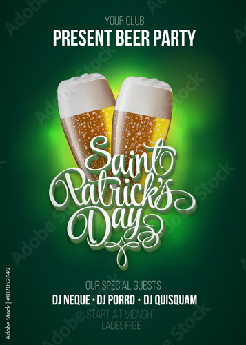 St. Patrick's Day poster. Beer party green background with calligraphy sign and two yellow beer glasses. Vector illustration photo