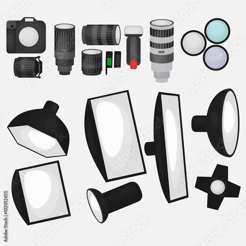 Set of photo studio equipment, light soft, camera and optic lenses flat icons