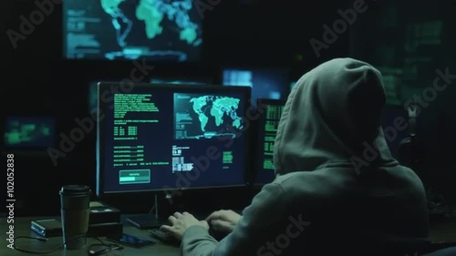 Male hacker in a hood works on a computer with maps and data on display screens in a dark office room. Shot on RED Cinema Camera.
