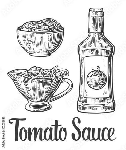 Ketchup bottle, tomato sauce in a plate. Vector vintage engraved illustration.