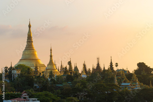 Yangon  Myanmar view of Shwedagon Pagoda at dusk.