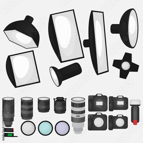 Set of photo studio equipment, light soft, camera and optic lenses flat icons