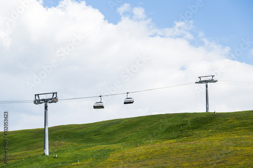 Ropeway of Lankoffel mountain range. View from Seiser Alm, Dolom