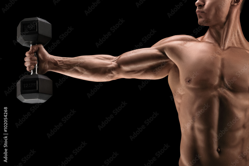 Power athletic man pumping up muscles with dumbbell Power athletic man pumping up muscles with dumbbell