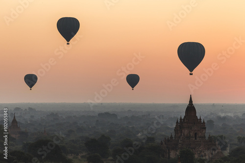 Hot air balloon over landscape of Bagan, Myanmar. © 2nix