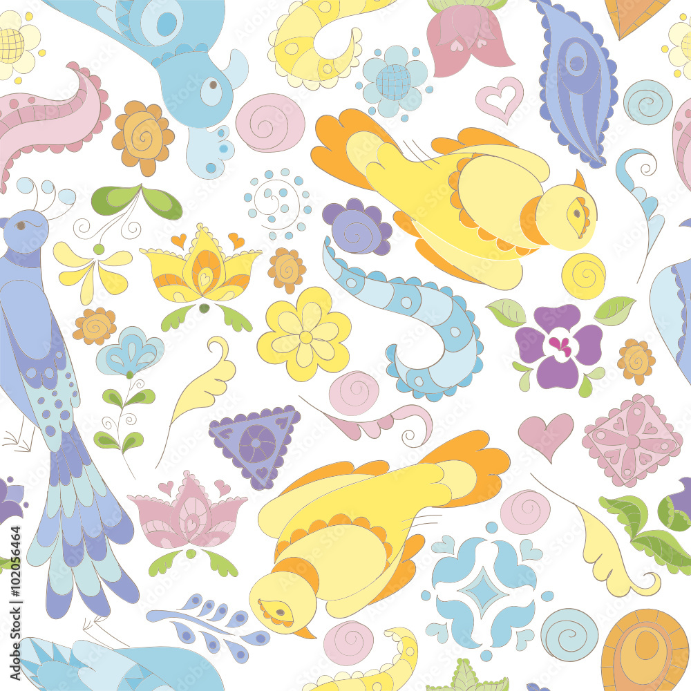 Seamless vector pattern with birds, flowers and feathers Seamless vector pattern with birds, flowers and feathers