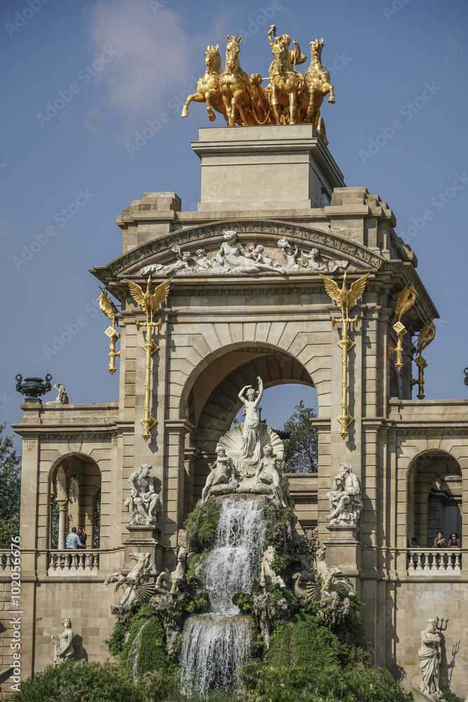 BARCELONA, SPAIN - OCTOBER: Parc de la Ciutadella fountain by Josep Fontsere. The Parc de la Ciutadella is a park on the northeastern edge of Ciutat Vella, Barcelona in Catalonia, Spain.
