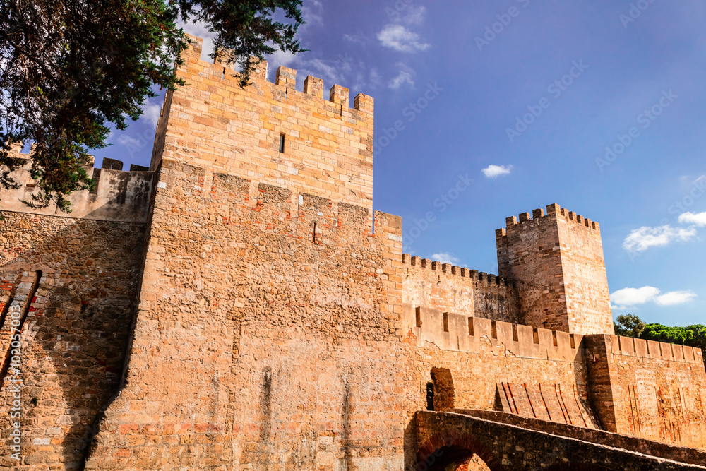 External wall and towers of the Lisbon Castle (Castelo de Sao Jorge).