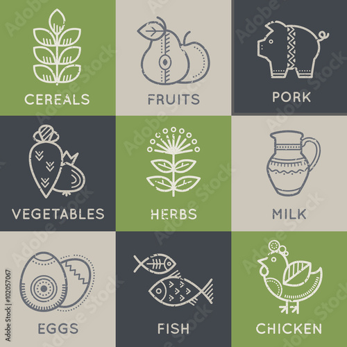 Food icons in linear ethnic style