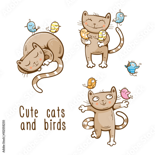 Vector cartoon cats and birds set. Cats and birds are best friends.