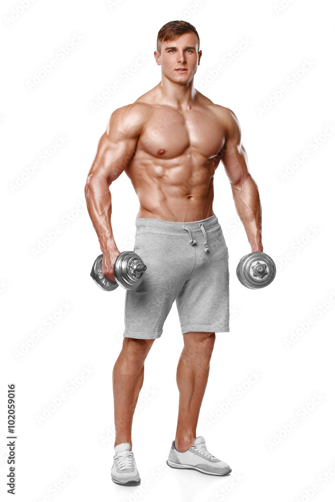 Sexy Athletic Man Showing Muscular Body With Dumbbells Full Length