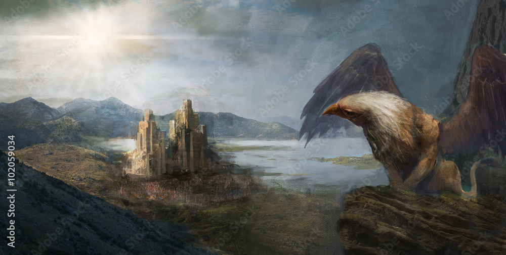 Obraz premium Gryf na górze w pobliżu zamku