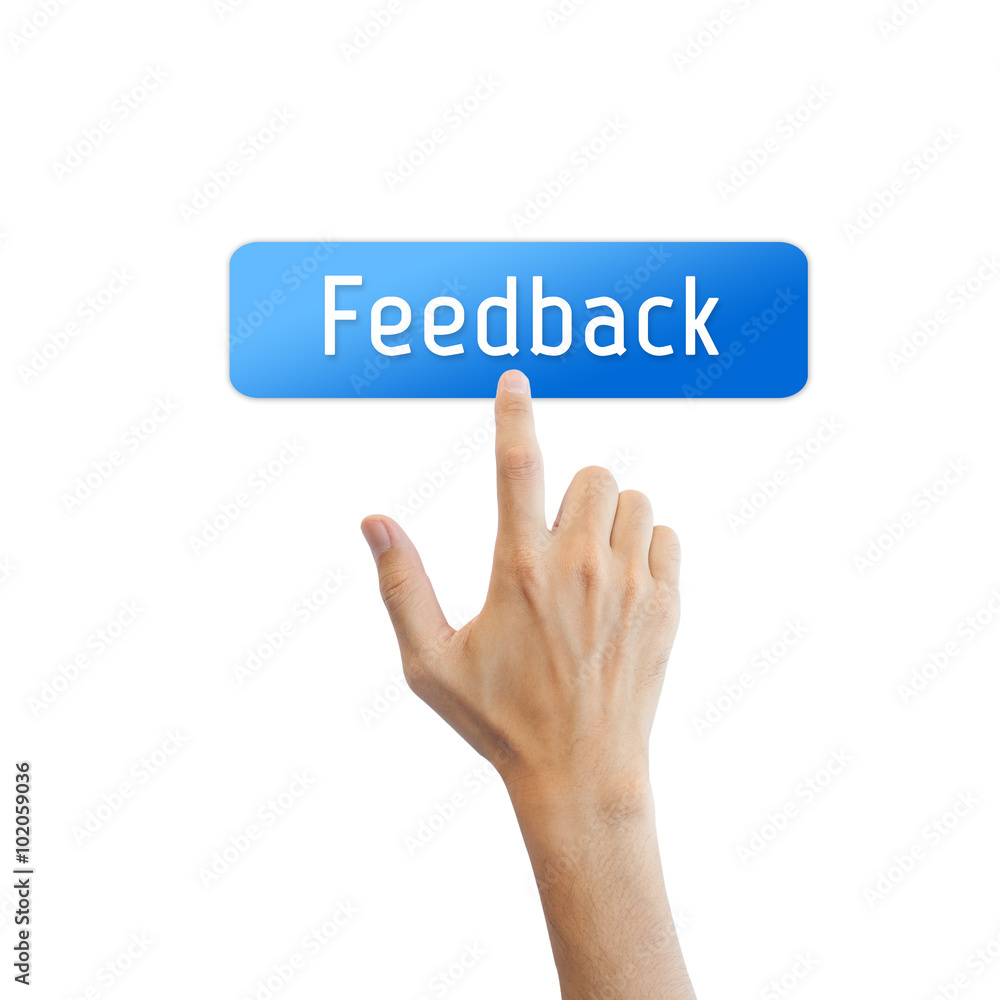 Feedback button with real hand isolated on white background Feedback button with real hand isolated on white background