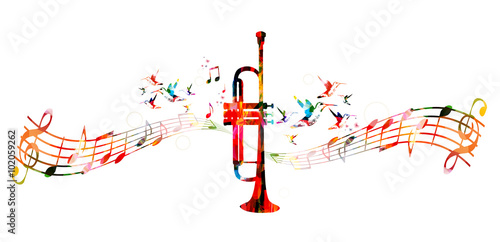 Colorful trumpet design with hummingbirds
