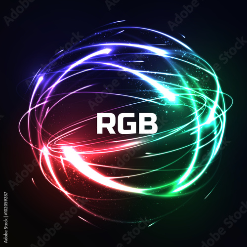 RGB Shere of meteor-like shining neon lights in impact. Futuristic technology style. Vector illustration for presentations, party flyers, banners or other design.