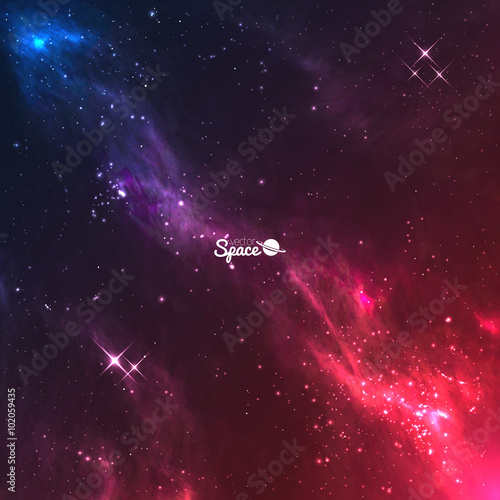 Vector space galaxy background. Colourful violet-red nebulae with bright stars.